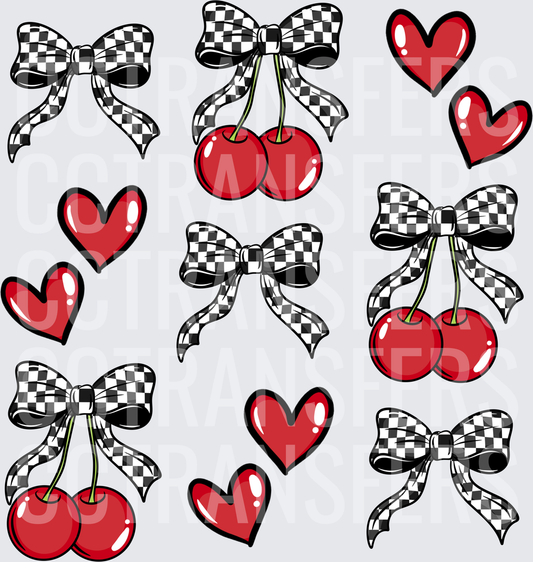 Checkered Bows Red Cherries Hearts Bundle (DTF)