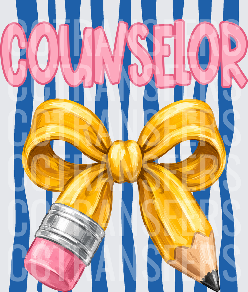 Counselor Gold Bow Pencil Blue Stripe (DTF)