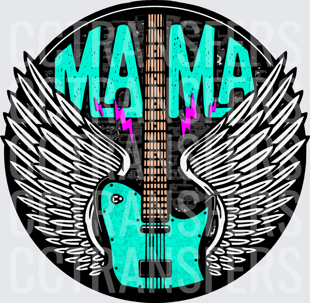 Mama Teal Electric Guitar Wings Lightning Bolt Circle (DTF)