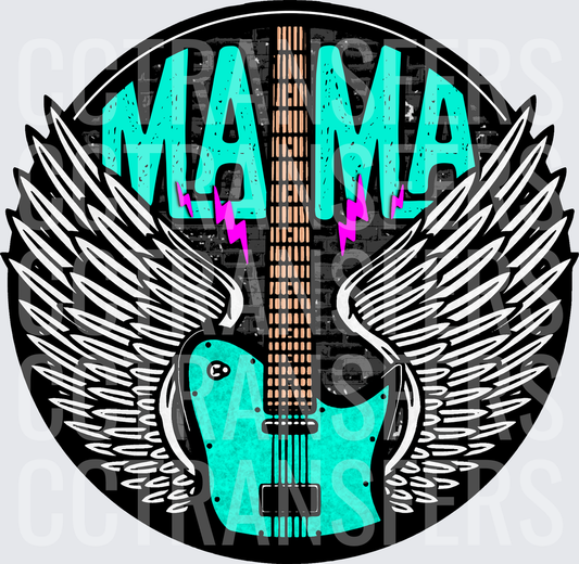 Mama Teal Electric Guitar Wings Lightning Bolt Circle (DTF)