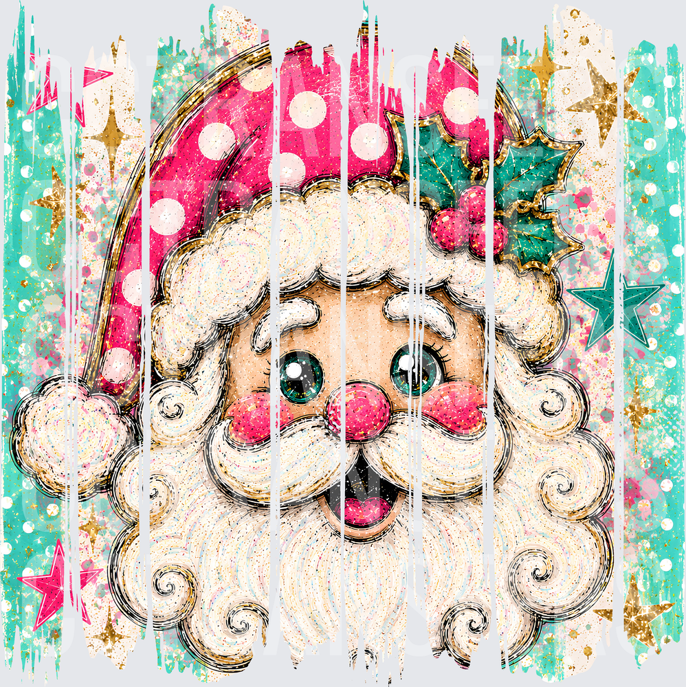 Retro Glitter Santa Pink Polka Dot Hat Holly Stars (DTF)