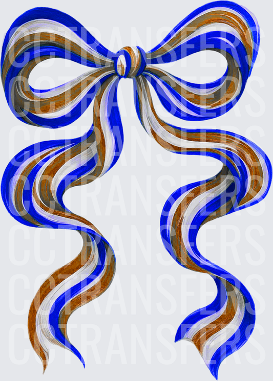 Striped Blue Brown White Ribbon Bow (DTF)
