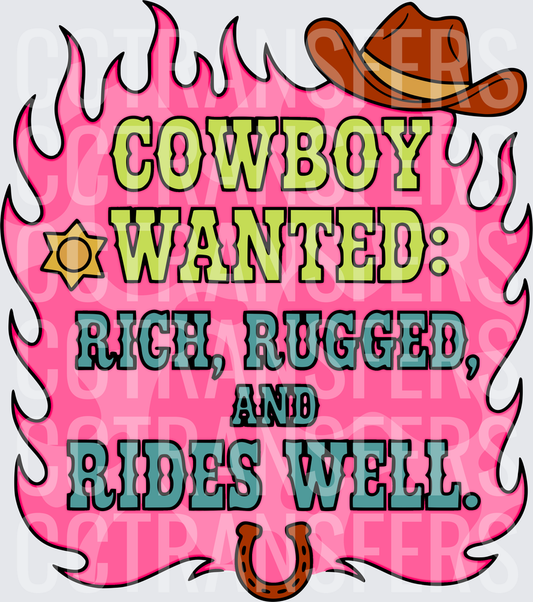 Cowboy Wanted Rich Rugged Rides Well Pink Flames (DTF)