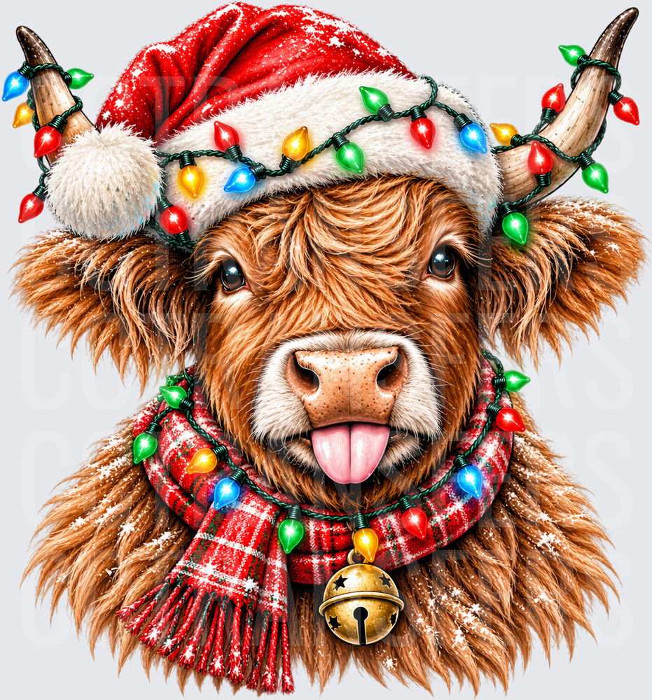 Fluffy Highland Cow Santa Hat Christmas Lights Scarf Bell (DTF)