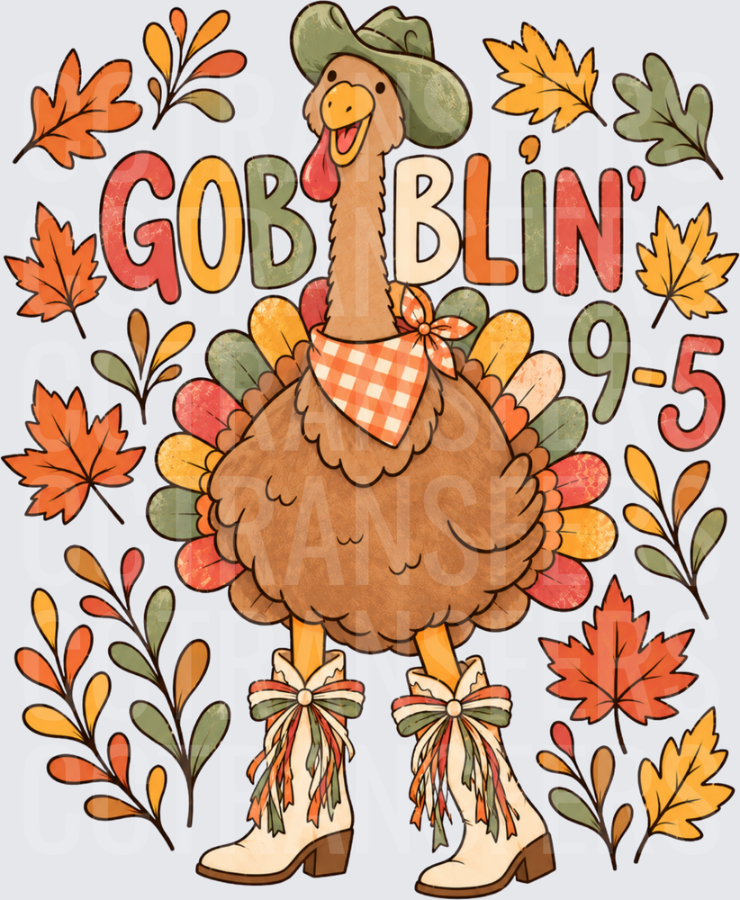 Gobblin' 9-5 Cowboy Turkey Fall Leaves (DTF)