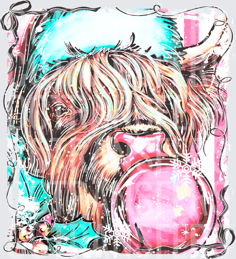Fluffy Highland Cow Santa Hat Bubblegum Christmas (DTF)