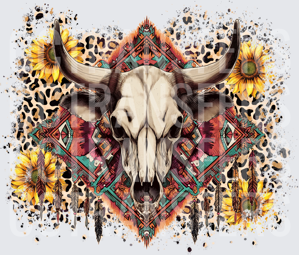 Boho Bull Skull Sunflowers Aztec Feathers Leopard (DTF)