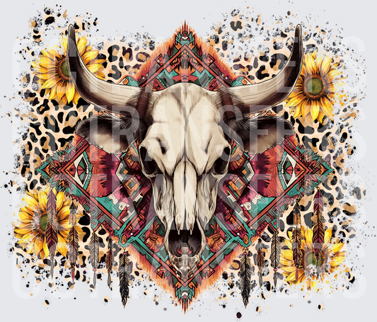 Boho Bull Skull Sunflowers Aztec Feathers Leopard (DTF)