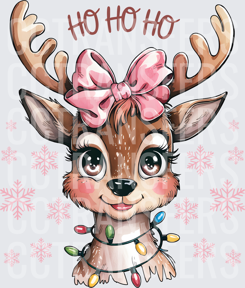 Cute Girl Reindeer Ho Ho Ho Pink Bow Christmas Lights (DTF)