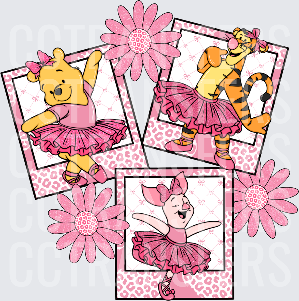 Pink Ballerina Bear Tiger Piglet Polaroid Floral DTF