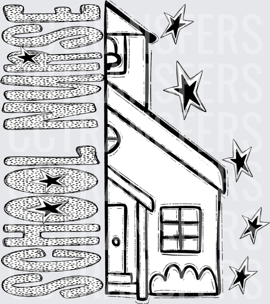 Sketchy House with Stars Black and White Illustration (DTF)