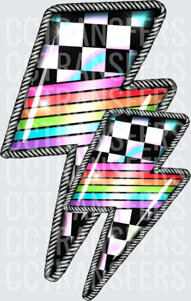 Retro Rainbow Stripe Checkered Lightning Bolt Pair (DTF)