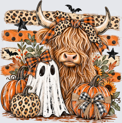 Halloween Highland Cow Ghost Pumpkins Leopard Bow (DTF)