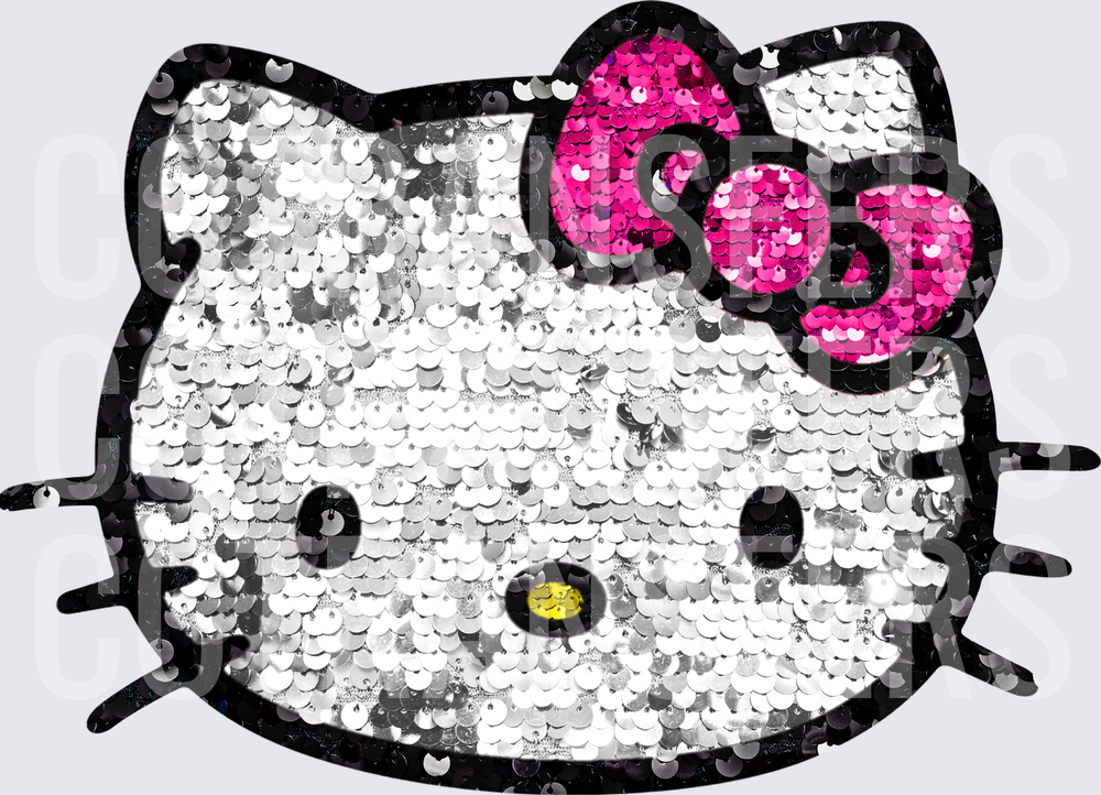 Sequin Cat Face Pink Bow Silver Glam Portrait (DTF)