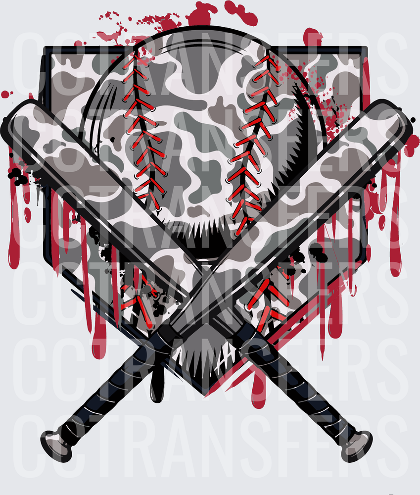 Gray Camo Baseball Skull Crossed Bats Home Plate Splatter (DTF)