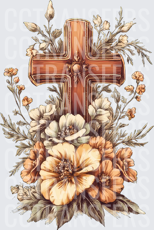 Ornate Wooden Cross Warm Floral Bouquet Vintage (DTF)