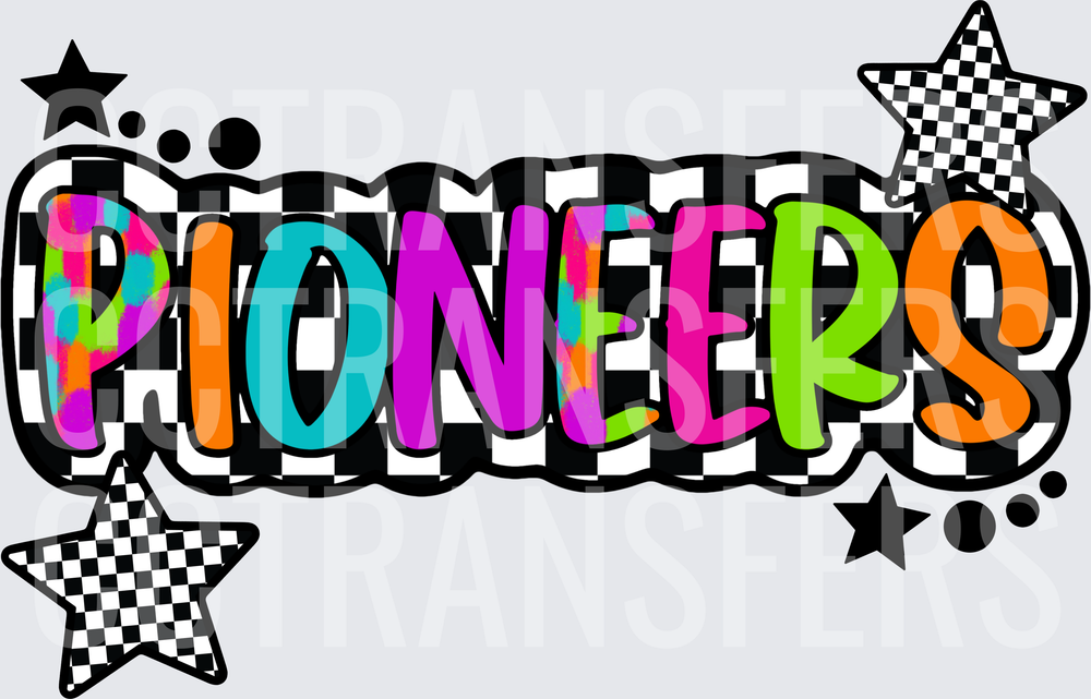 Pioneers Bold Colorful Checkered Star Mascot Word Art (DTF)
