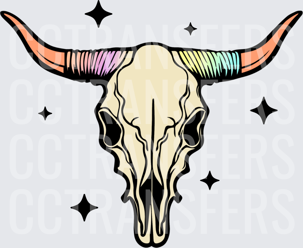 Longhorn Skull Rainbow Pastel Horns Stars Western (DTF)