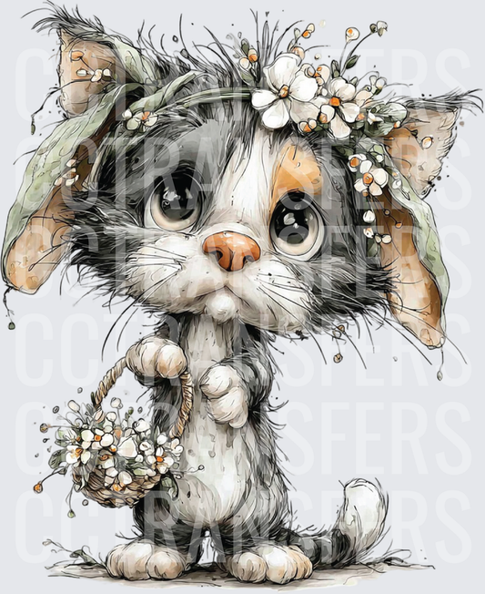 Whimsical Calico Kitten Floral Crown Flower Basket (DTF)
