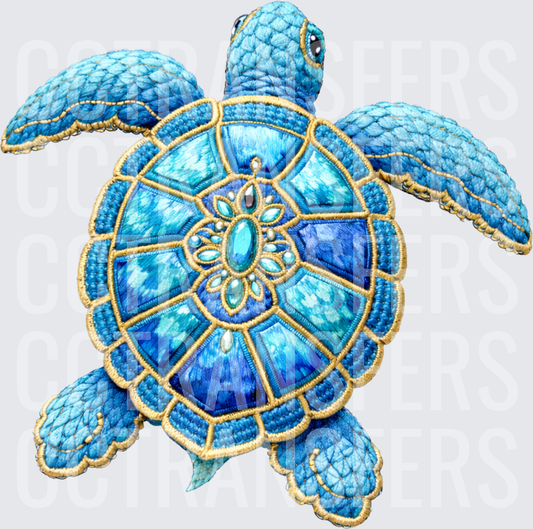 Embroidered Jeweled Blue Sea Turtle Gold Trim (DTF)