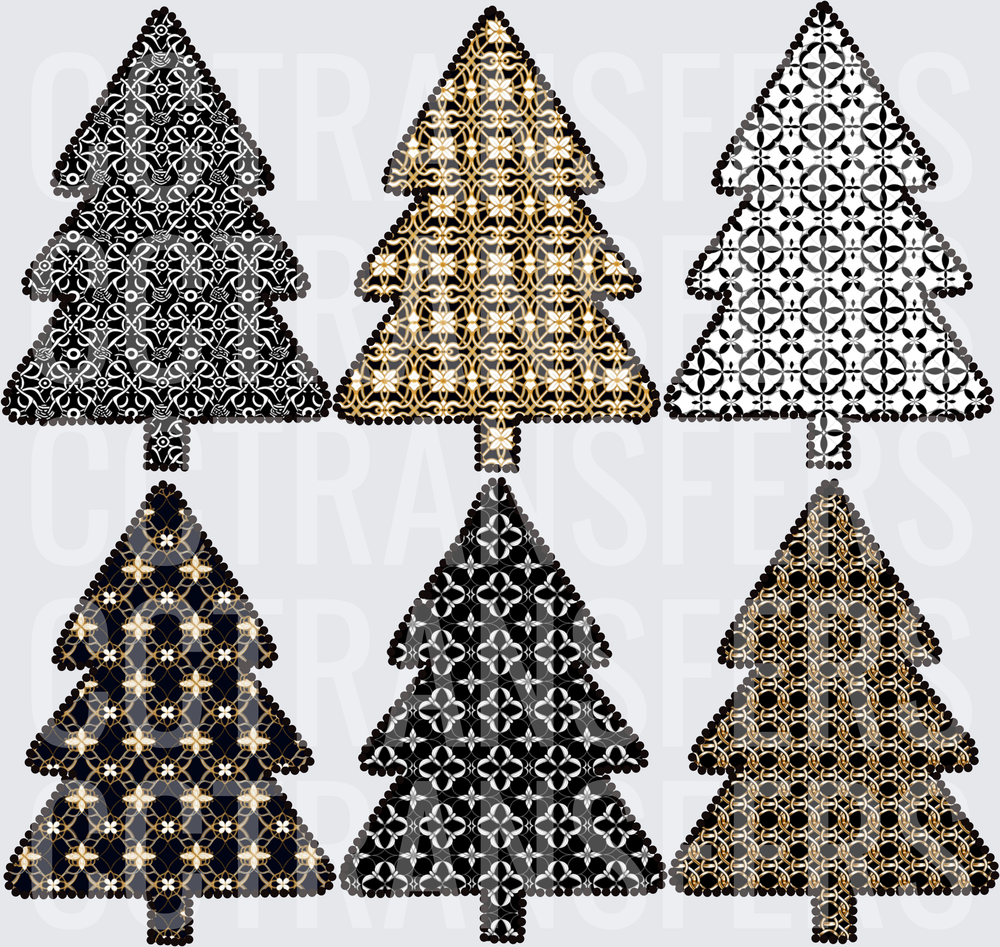 Six Ornate Patterned Christmas Trees Black Gold Bundle (DTF)