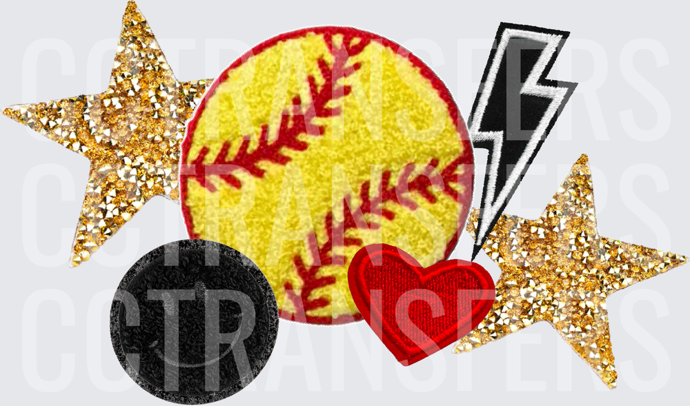 Softball Patch Cluster Gold Stars Heart Lightning Bolt (DTF)