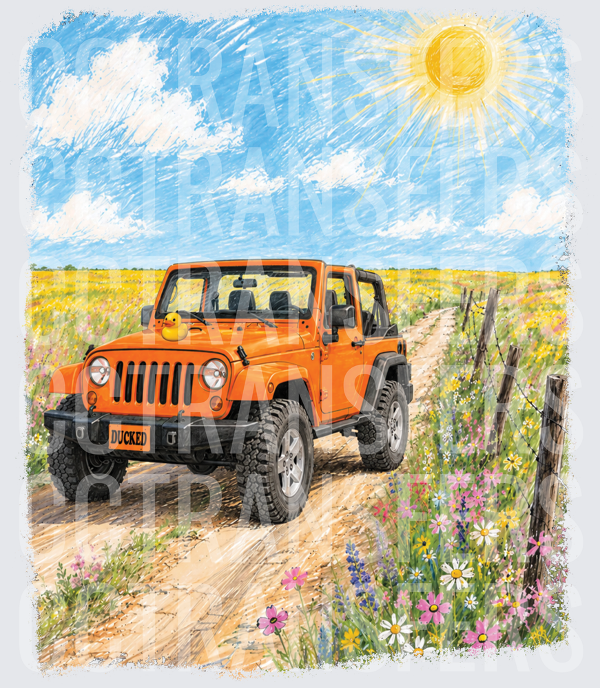Orange Off-Road 4x4 Ducked Wildflower Field Sunny Day (DTF)