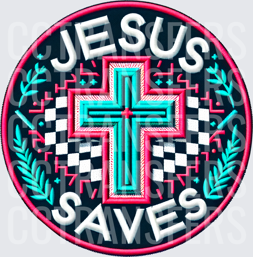 Jesus Saves Cross Embroidery Patch Checkered Design (DTF)