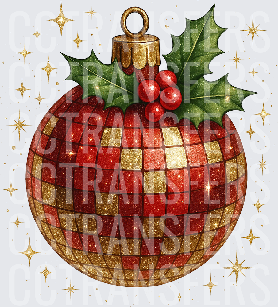 Red Gold Glitter Disco Ball Ornament Holly Berries Stars (DTF)