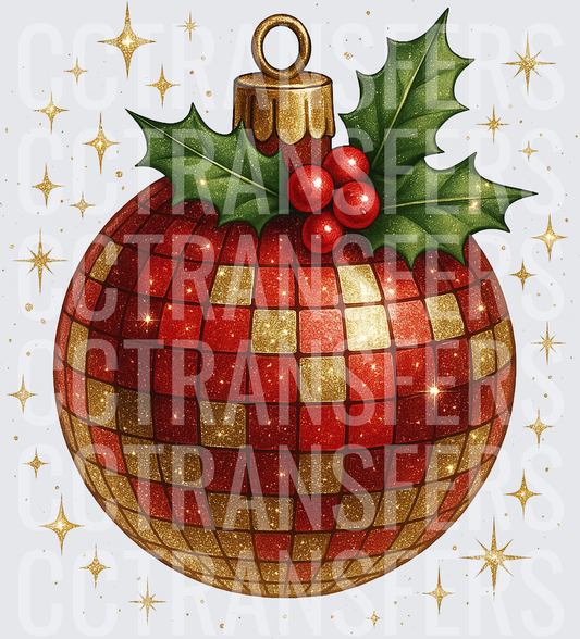 Red Gold Glitter Disco Ball Ornament Holly Berries Stars (DTF)