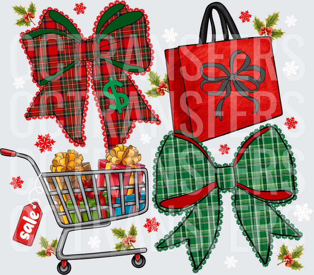 Christmas Shopping Plaid Bows Sale Cart Holly DTF