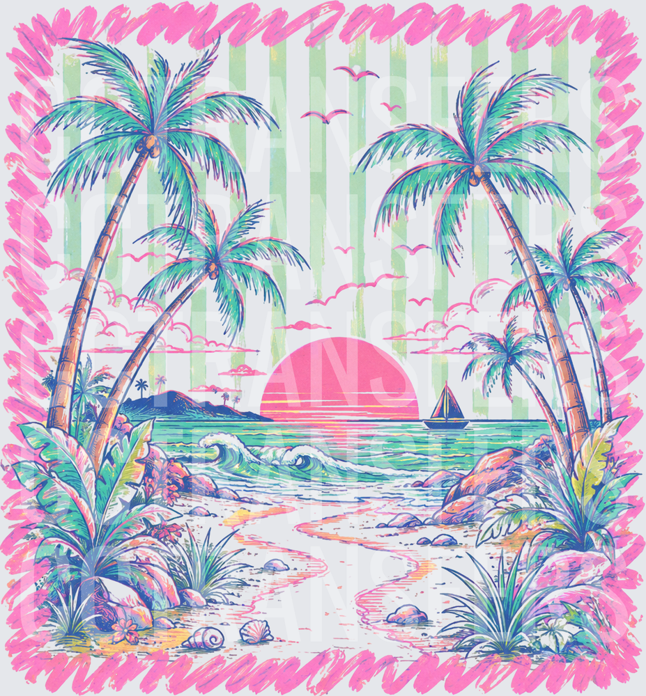 Retro Tropical Beach Sunset Palm Trees Sailboat (DTF)