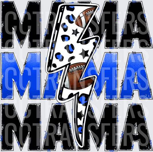 Football Mama Stacked Leopard Lightning Bolt Blue (DTF)