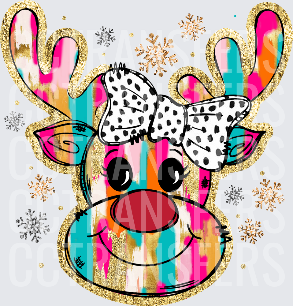 Colorful Girl Reindeer Red Nose Dalmatian Bow Snowflakes (DTF)