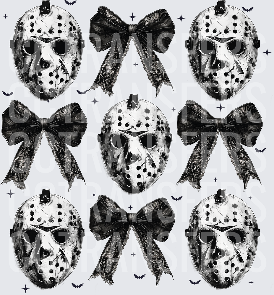 Black and White Hockey Masks Lace Bows Bats Pattern (DTF)