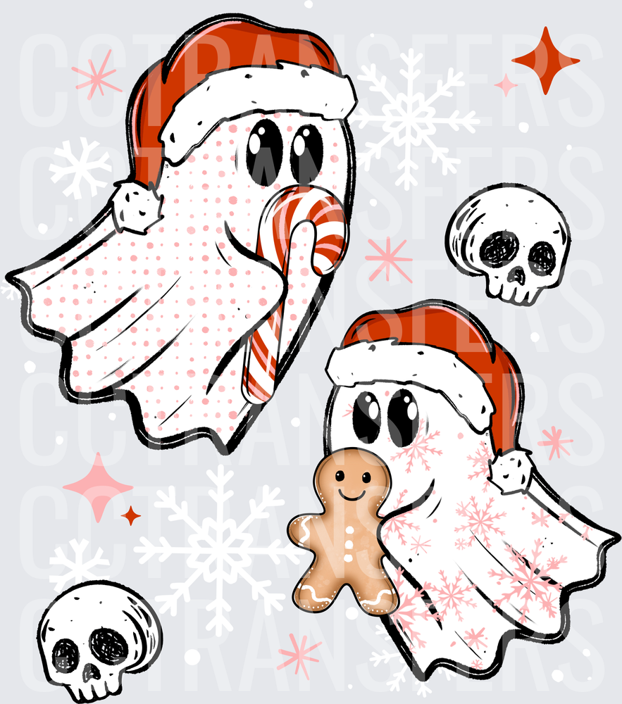 Spooky Christmas Ghosts Santa Hats Skulls Candy Cane (DTF)