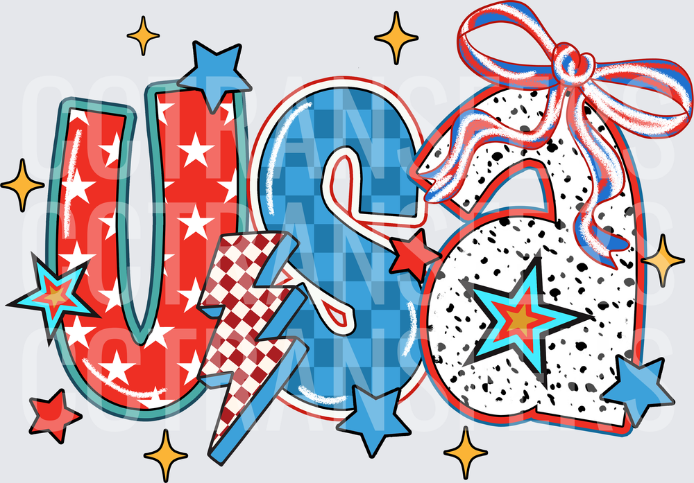 USA Patriotic Stars Bow Checkered Dalmatian Letters (DTF)