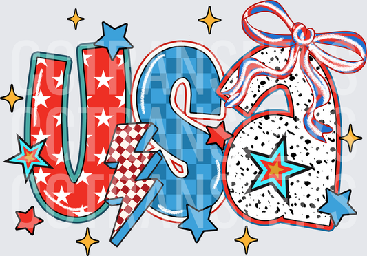 USA Patriotic Stars Bow Checkered Dalmatian Letters (DTF)