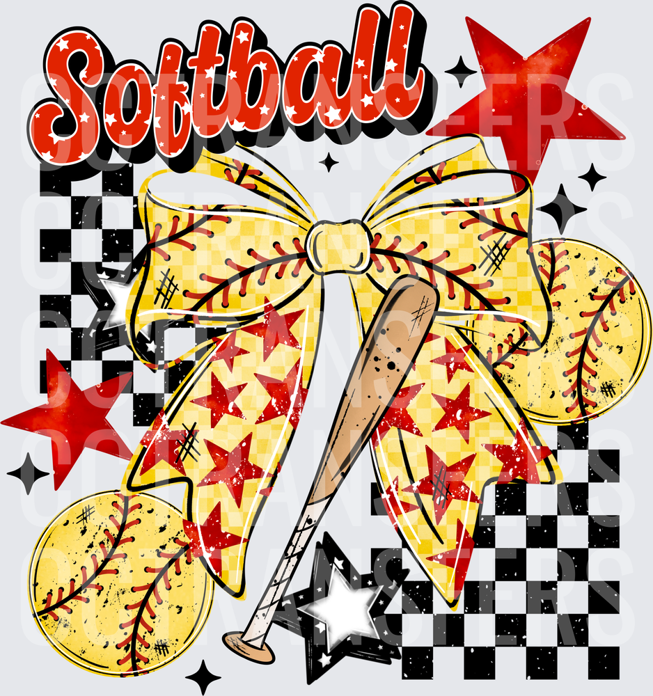 Softball Coquette Bow Bat Stars Checkered Distressed (DTF)