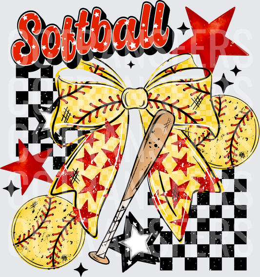 Softball Coquette Bow Bat Stars Checkered Distressed (DTF)