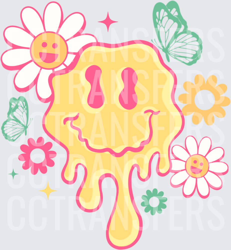 Melting Smiley Face Retro Floral Butterfly Spring (DTF)