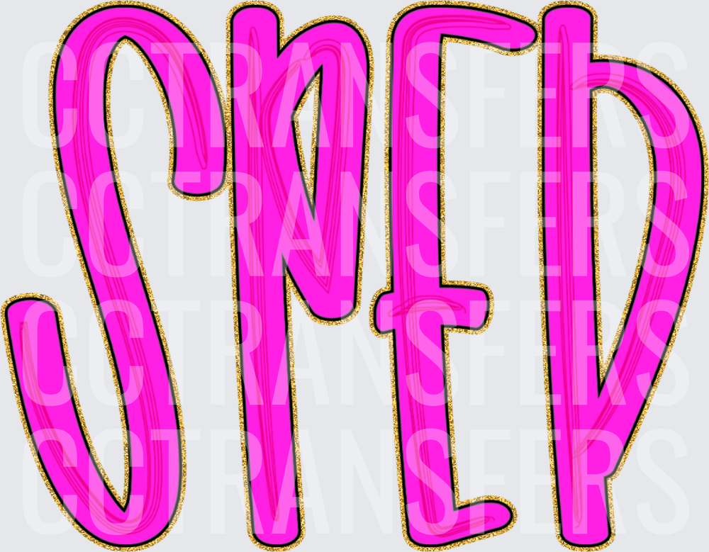 Bold Hot Pink SPED Text with Gold Glitter Outline (DTF)