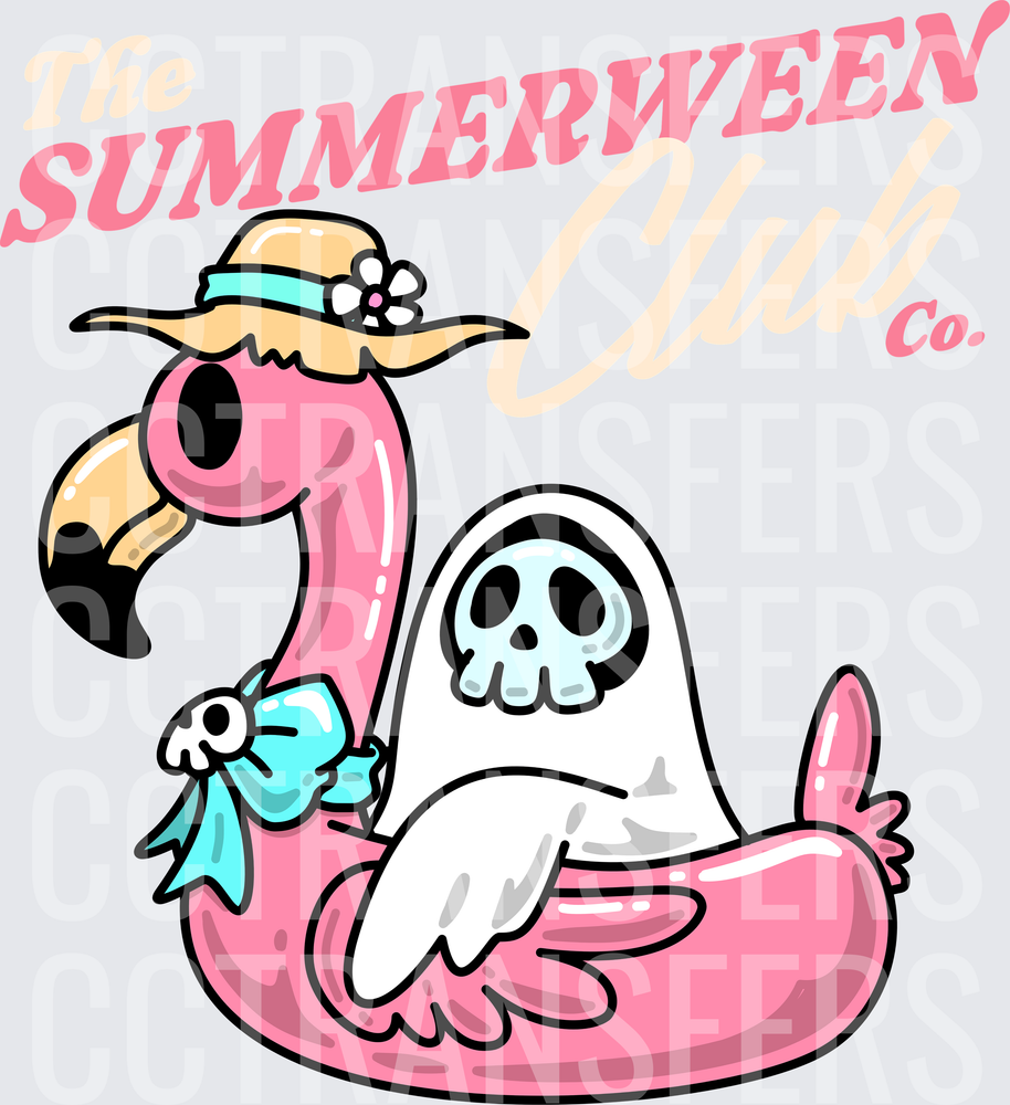 Summerween Club Ghost on Pink Flamingo Pool Float (DTF)