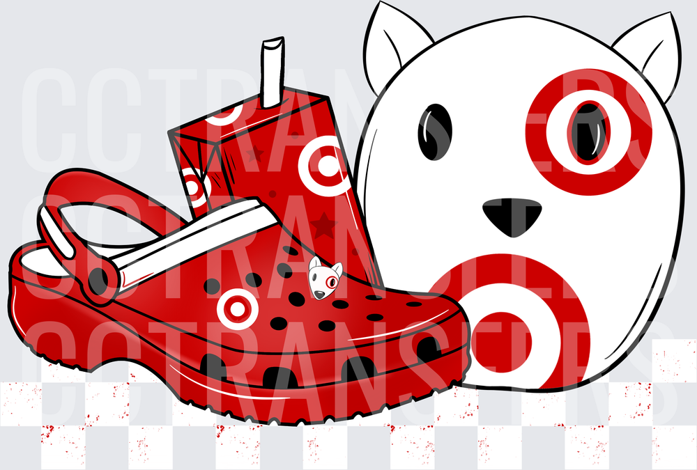 Red Bullseye Dog Cartoon With Clog Shoe And Juice Box (DTF)