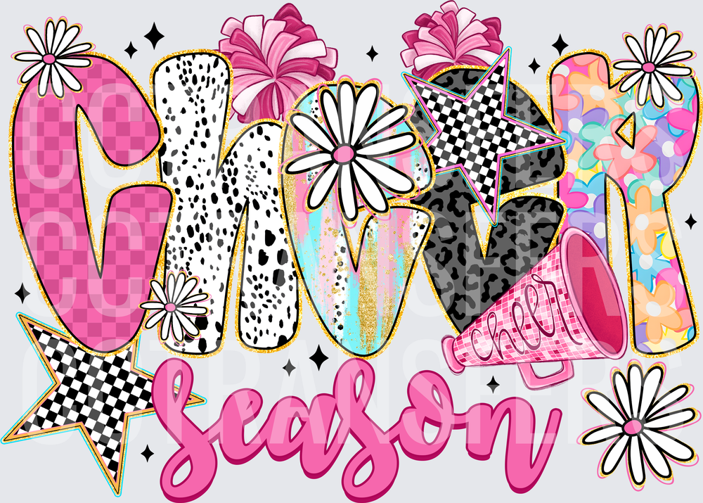 Cheer Season Patterned Letters Pom Poms Daisies Stars (DTF)