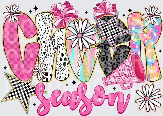 Cheer Season Patterned Letters Pom Poms Daisies Stars (DTF)