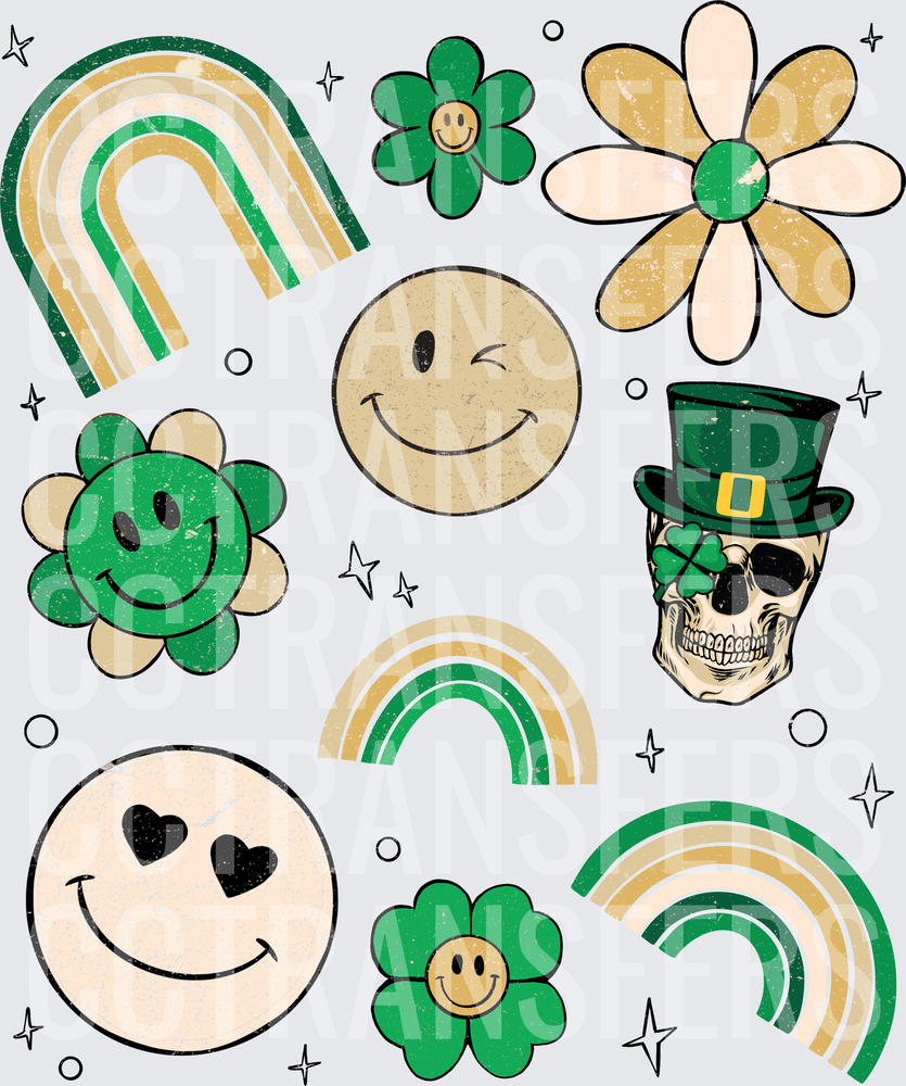 Retro St. Patrick's Day Smiley Skull Clover Rainbow Sheet (DTF)