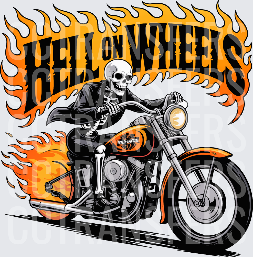 Hell On Wheels Flaming Skeleton Biker Motorcycle (DTF)