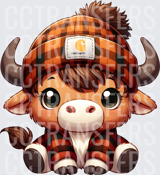 Cute Baby Bull Orange Buffalo Plaid Beanie & Jacket (DTF)