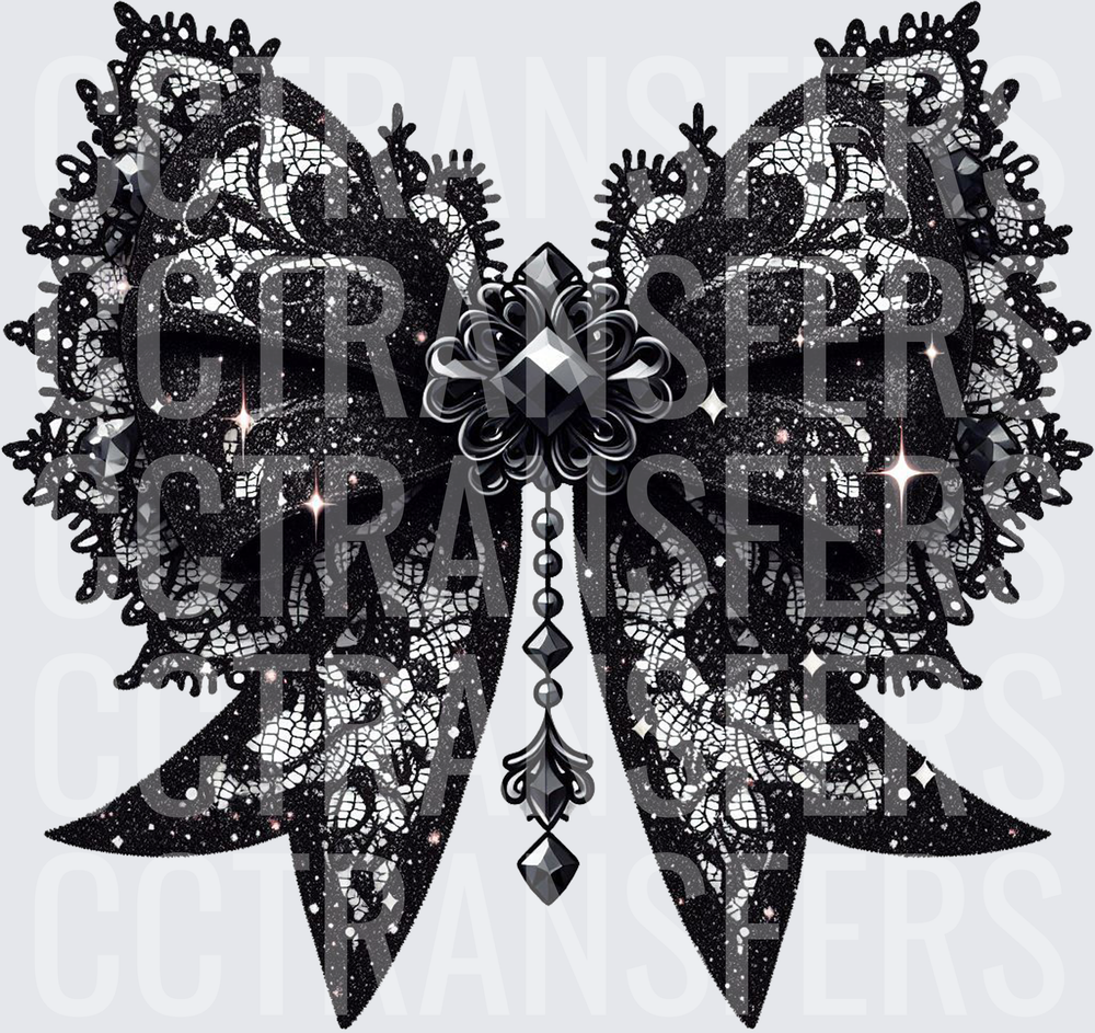 Gothic Black Glitter Lace Bow with Jewel Charm Drop (DTF)